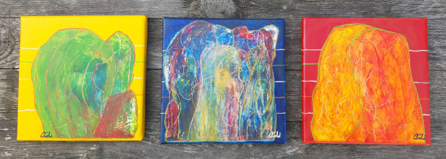 Triptych in primary colours, format 20x20 cm each, acrylic on canvas, catalogue numbers 2020-07-37 to 39 as contribution to the ART20 project in 2020